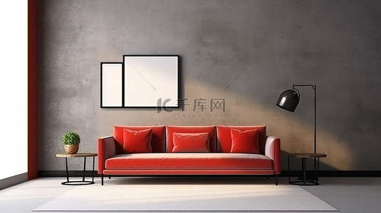 阳光明媚的房间里有红色沙发和黑色咖啡桌，深色墙壁和混凝土地板上有 3D 渲染的水平框架