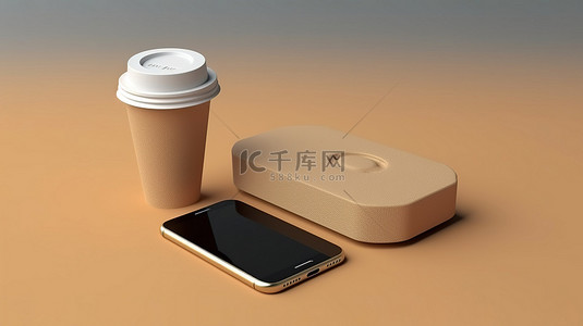 外卖好评卡背景图片_通过智能手机应用程序咖啡订单交付或外卖的 3D 渲染
