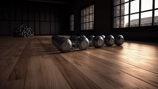 健身室背景图片_健身室概念 3D 渲染训练设备中木地板上的哑铃