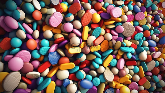 药店导视牌背景图片_从空中视角看到的大量充满活力的药物和药片 3D 渲染插图