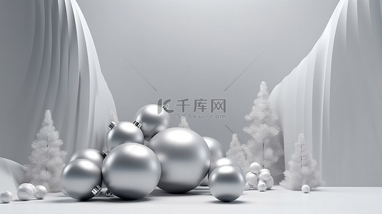 冬季主题背景图片_空白银灰色景观的简约冬季主题 3D 渲染