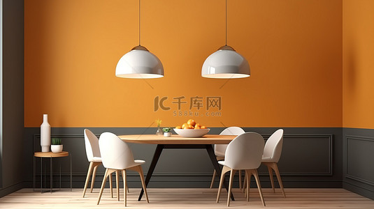 厨房白色背景图片_用白色吊灯凳和桌子设置的餐厅的 3D 渲染
