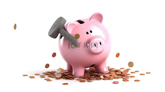 金融危机背景图片_粉碎硬币 3D 插图，锤子在白色背景上粉碎存钱罐，象征着金融危机