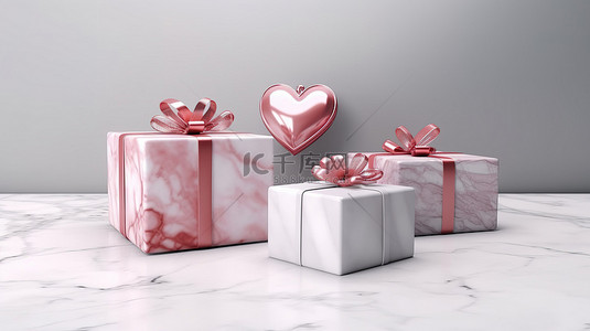 情人节金背景图片_3D 渲染的大理石礼盒在白色背景下庆祝情人节