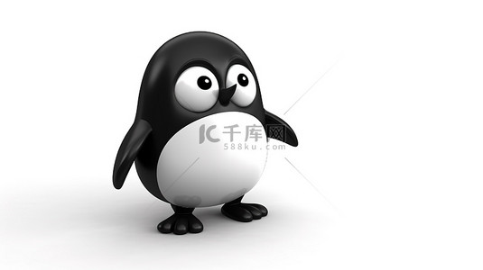 可爱的 3D 渲染黑白玩具企鹅，白色背景上带有语音气泡