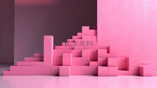 不断增长的粉红色条形图的 3D 插图，象征着金融和投资业务的成功过程