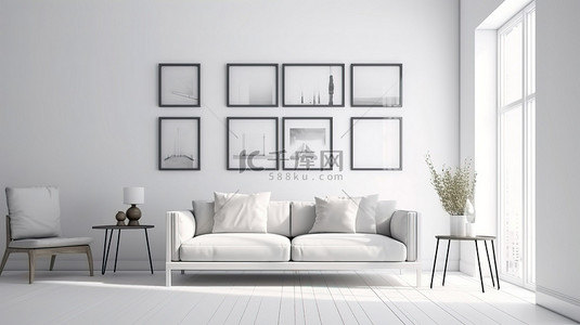 客厅墙壁装饰背景图片_白色墙壁装饰着 3D 家居室内设计中巧妙的框架和舒适的家具
