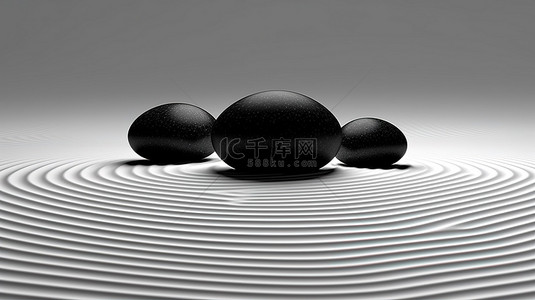 禅泉背景图片_白色波纹中堆叠的黑色鹅卵石 3D 渲染图像象征着纯洁