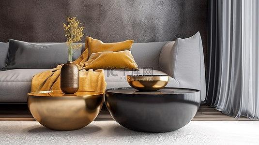 桌沙发茶几背景图片_时尚金属边桌与沙发装饰 3D 渲染相得益彰