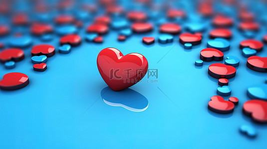 心蓝背景图片_情人节概念 3D 渲染一颗红心，周围是蓝色背景上的蓝心