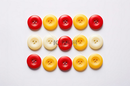 白色表面上排列的一组红黄橙和蓝色按钮