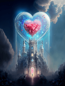 梦幻城堡背景背景图片_爱心梦幻城堡浪漫白云天空水彩油画背景