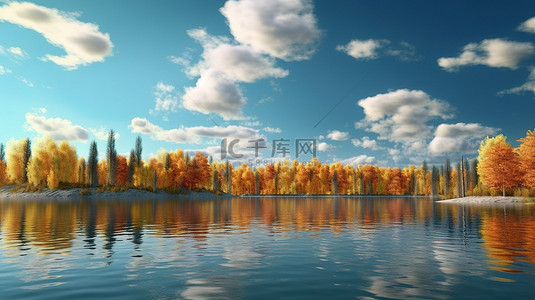 云彩3d背景图片_秋季湖泊的 3D 景观，色彩缤纷的树木和云彩