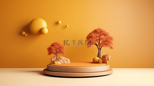 秋舞台背景背景图片_现代背景的 3D 渲染与秋树和讲台展示儿童产品