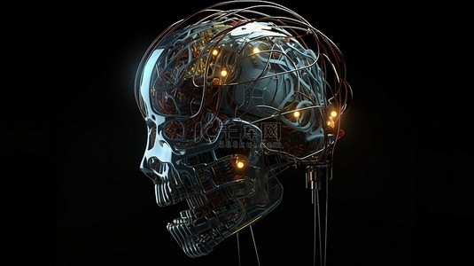 机器人大脑 3D 渲染的杰作，带有错综复杂的连接线