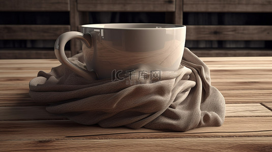 桌上牛奶背景图片_棕色织物装饰的咖啡杯在木桌上以 3D 渲染