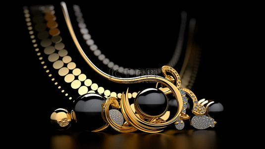黑色翅膀天使背景图片_时尚黑色背景上的金色珠宝 3D 渲染插图