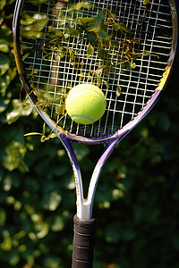 黄色的网球背景图片_黄色网球顶部的金属球拍