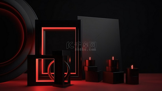 黑色星期五模板红色和黑色框架礼品盒和光在 3d 渲染卡通风格商业背景卡