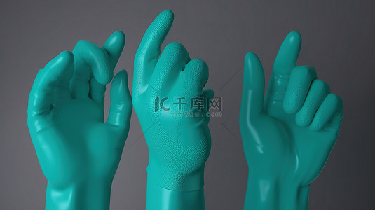 蓝绿色橡胶手套的 3d 医用手展示了用于演示广告和插图的各种手势