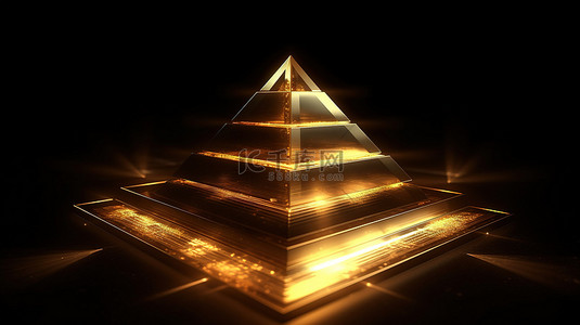 黑暗背景的 3D 渲染，抽象金色金字塔发光