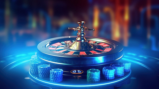 逼真的 3D 轮盘赌轮和老虎机在线赌场蓝色背景与大赢 777