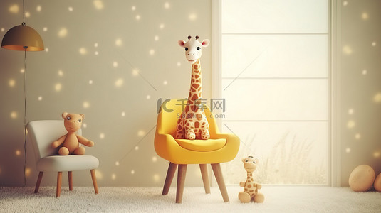 长颈鹿躺在椅子上，泰迪熊在儿童托儿所 3D 可视化中
