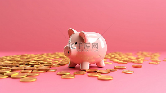 粉红墙的 3D 渲染，带有存钱罐和金币，象征着未来的财务规划