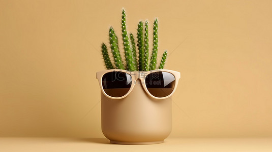 中性米色背景中戴着仙人掌盆栽的 3D 眼镜