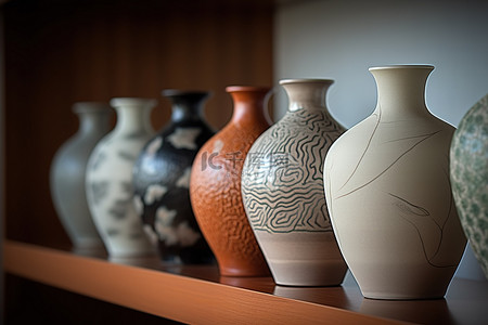 同一区域的一组彩色陶瓷花瓶