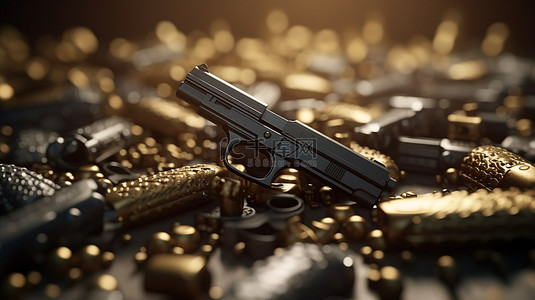 电影背景下军用枪支的强烈特写，精致而豪华的电影 3D 插图