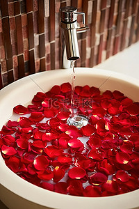 龙头水柱背景图片_水槽上的红玫瑰花瓣