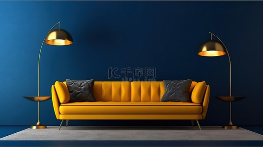 猫头鹰正面背景图片_从正面看，深黄色沙发的 3D 渲染，配有边桌和青铜灯，靠在深蓝色墙壁上