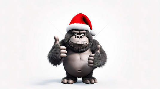 大猩猩背景图片_滑稽的 3D 大猩猩戴着圣诞帽竖起大拇指