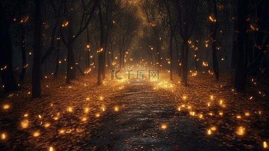 神秘夜晚背景图片_3D 数字插图迷人的路径在雾森林中与神秘的金色光芒