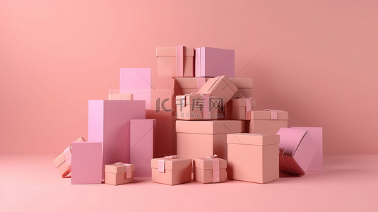 粉红色背景下包裹着包裹的华丽 3d 纸箱