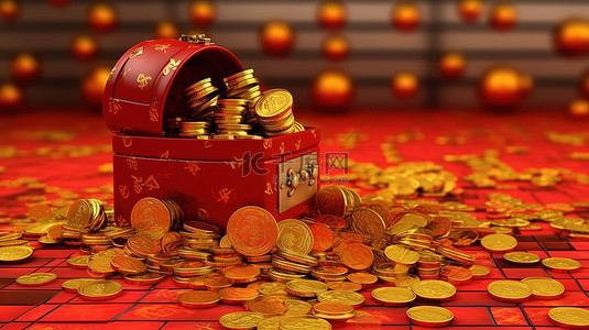 红色灯背景图片_金元宝灯笼和礼品盒营造出喜庆的中国新年 3D 渲染效果