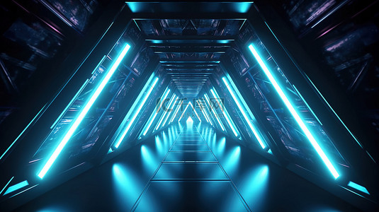 3D 渲染的未来三角空间隧道，带有发光的霓虹灯