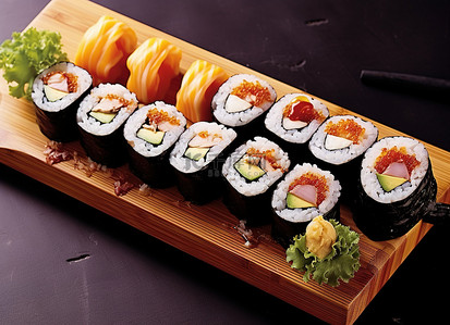 紫菜包饭背景图片_各种寿司卷放在木板上