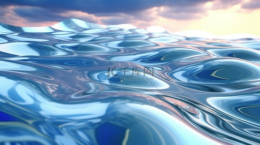 高清风景桌面壁纸背景图片_波纹玻璃反射天空 3D 渲染的波浪表面