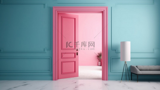极简主义室内概念蓝色背景房间，带 3D 渲染的粉红色门，入口可打开