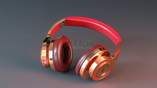 电子生日背景图片_为音乐爱好者提供简约红色和金色无线音频耳机的逼真 3D 渲染