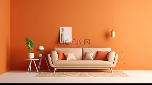 城市主题海报背景图片_当代橙色主题房间，配有数字模型墙 3D 渲染