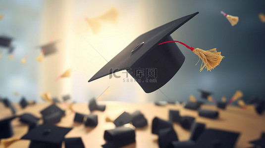 以 3D 渲染风格在空中翱翔的毕业帽插图 庆祝毕业的横幅