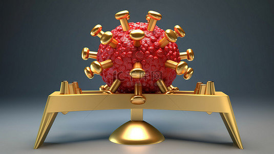 金融红色背景图片_平衡行为 3D 渲染金币符号和跷跷板上的红色电晕病毒