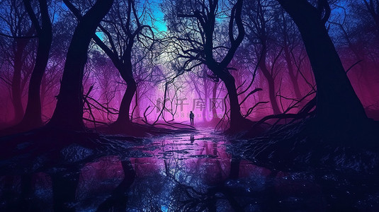 夜间魔法森林 3D 数字插图，神秘的光芒和树木的雾气轮廓