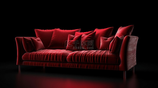 孤立的深色背景 3D 红色布艺沙发，带枕头渲染