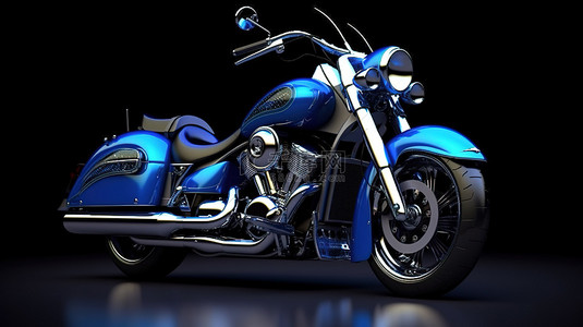 蓝色和黑色背景的大型摩托车 3D 渲染和插图