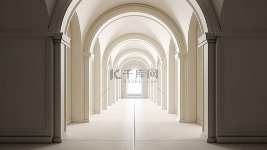 具有门拱柱和 3D 渲染几何背景的简约建筑走廊
