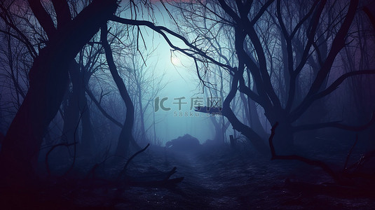 神秘夜晚背景图片_神秘的光芒和雾气笼罩着夜间令人毛骨悚然的森林中的黑暗树木轮廓 3D 数字插图